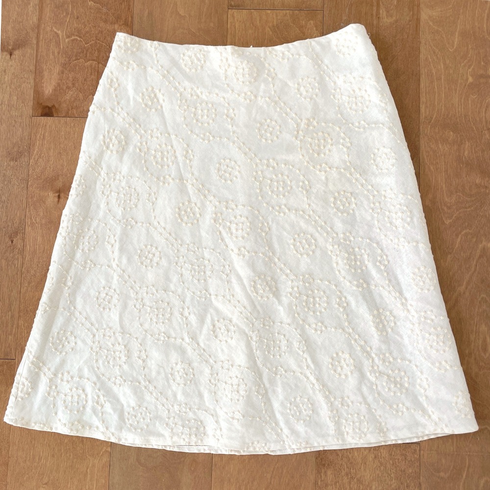 Cato Cream White Linen Blend Embroidered A-Line Skirt Womens Size 12 Knee Length